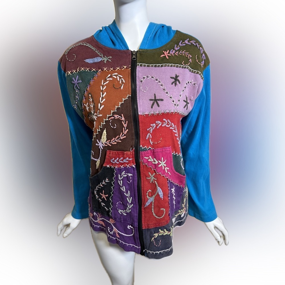 Rising Tide Patchwork‎ Boho Hippie Embroidered Jacket Teal Blue Size Large